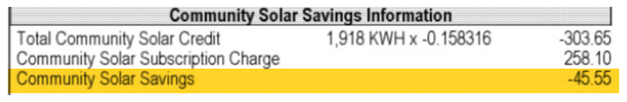 Bill excerpt: total community solar credit $303.65, subscription charge $258.10, community solar savings $45.55